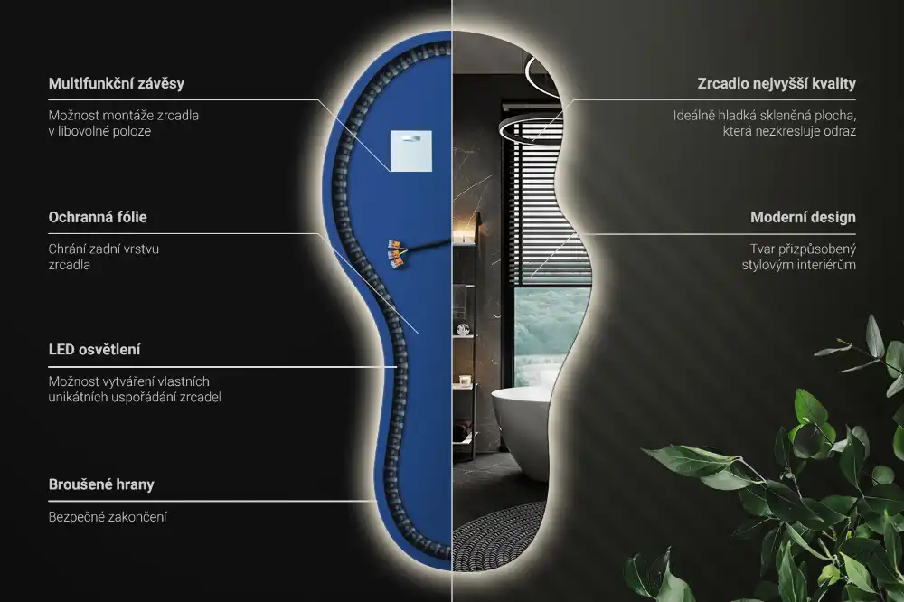 Miroir suspendu de forme organique avec éclairage LED
