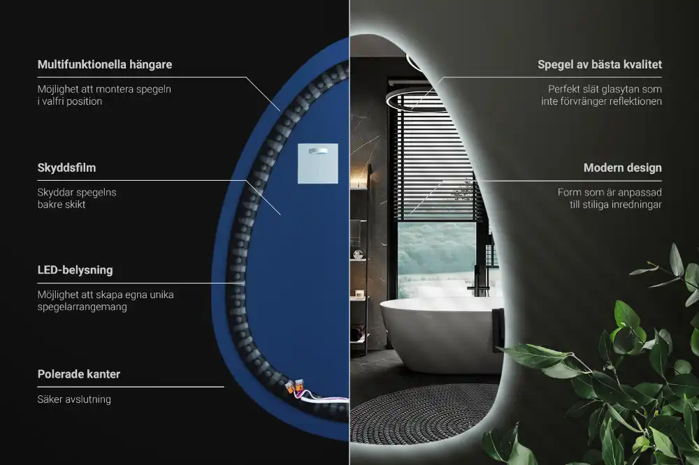 Miroir mural de forme ovoïde avec rétroéclairage LED