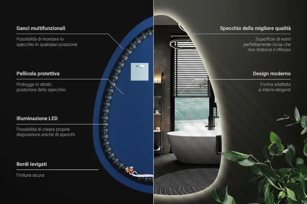 Miroir mural de forme ovoïde avec rétroéclairage LED