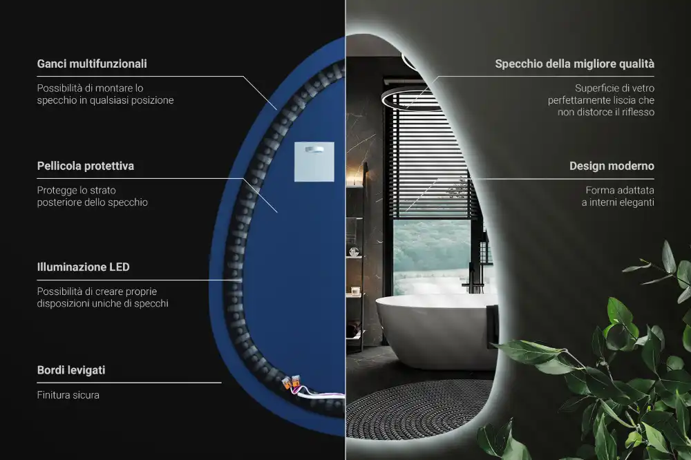 Miroir mural de forme ovoïde avec rétroéclairage LED