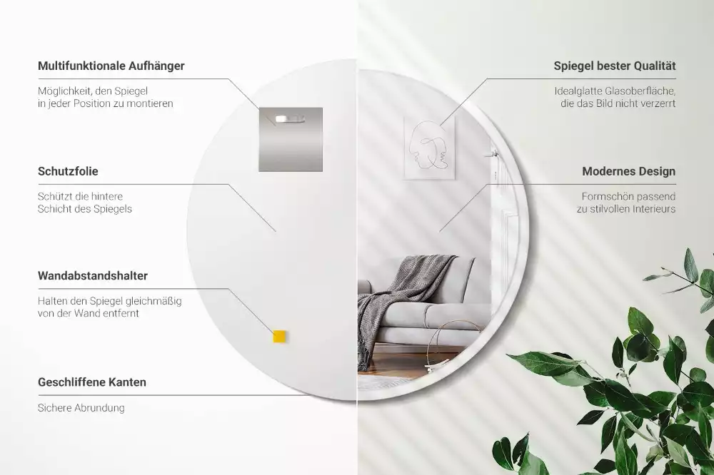 Miroir oval suspendu dans un cadre blanc