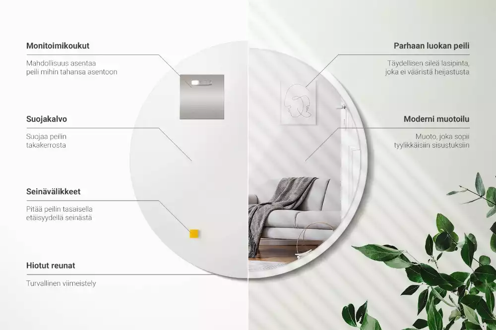 Miroir oval suspendu dans un cadre blanc