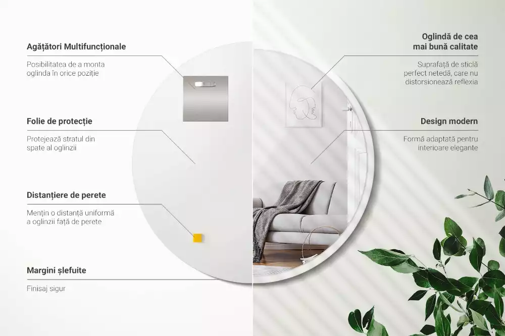 Miroir oval suspendu dans un cadre blanc