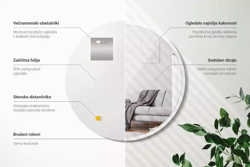 Miroir oval suspendu dans un cadre blanc