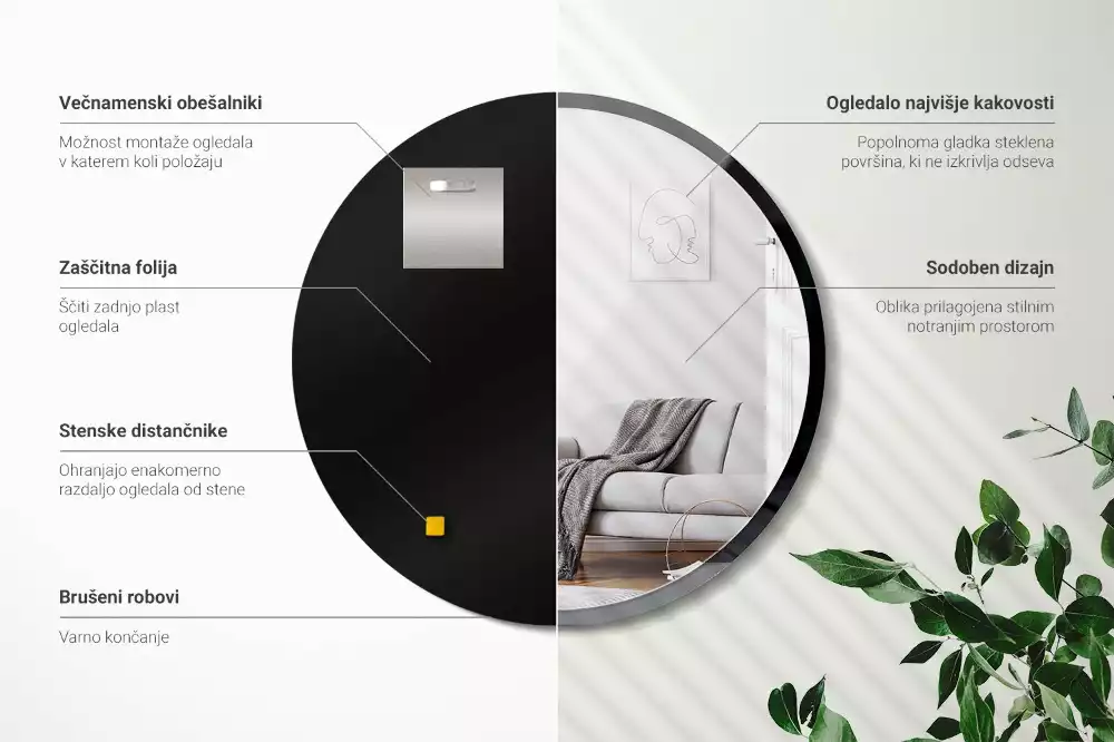 Miroir oval mur dans un cadre noir