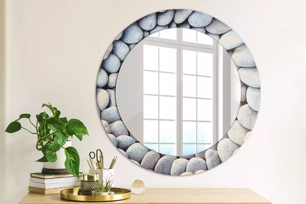 Miroir rond cadre avec impression Galets marins en cercle