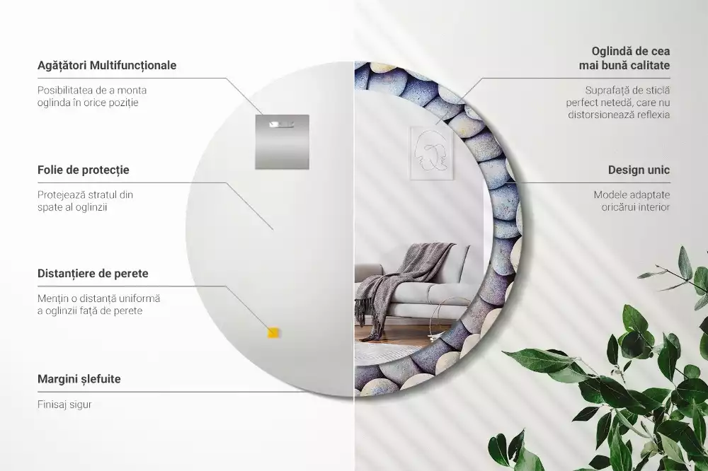 Miroir rond cadre avec impression Galets marins en cercle