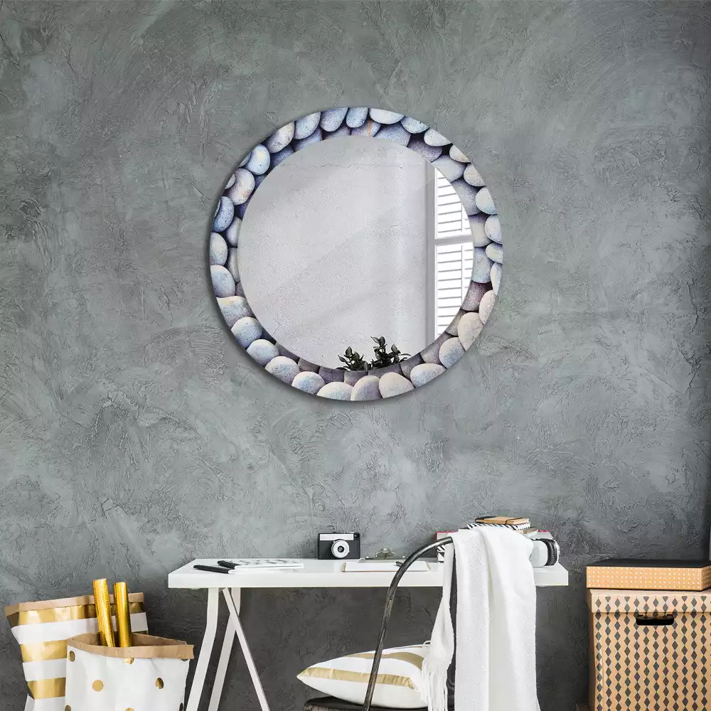 Miroir rond cadre avec impression Galets marins en cercle