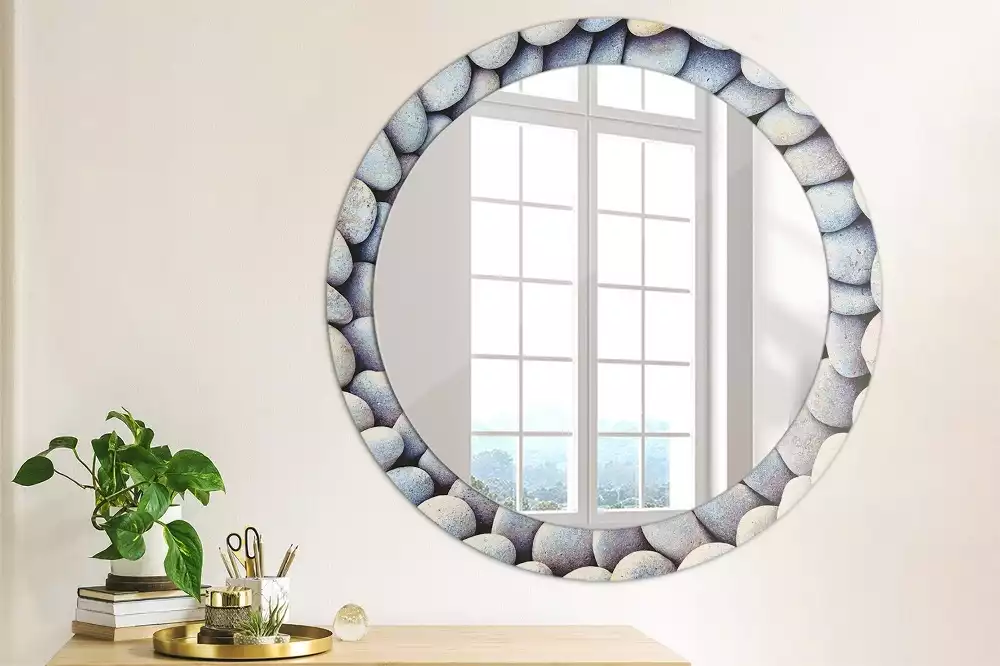 Miroir rond cadre avec impression Galets marins en cercle
