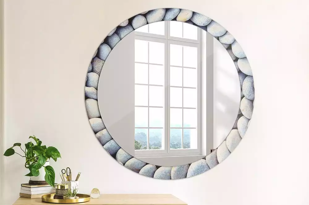 Miroir rond cadre avec impression Galets marins en cercle