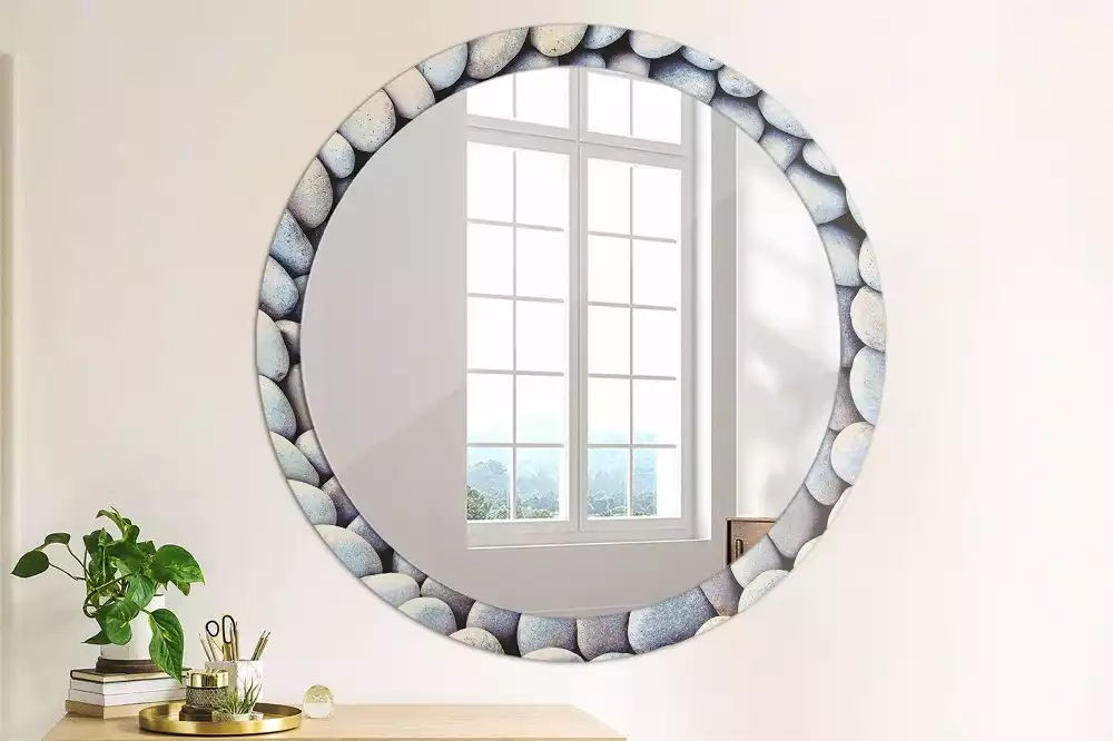 Miroir rond cadre avec impression Galets marins en cercle