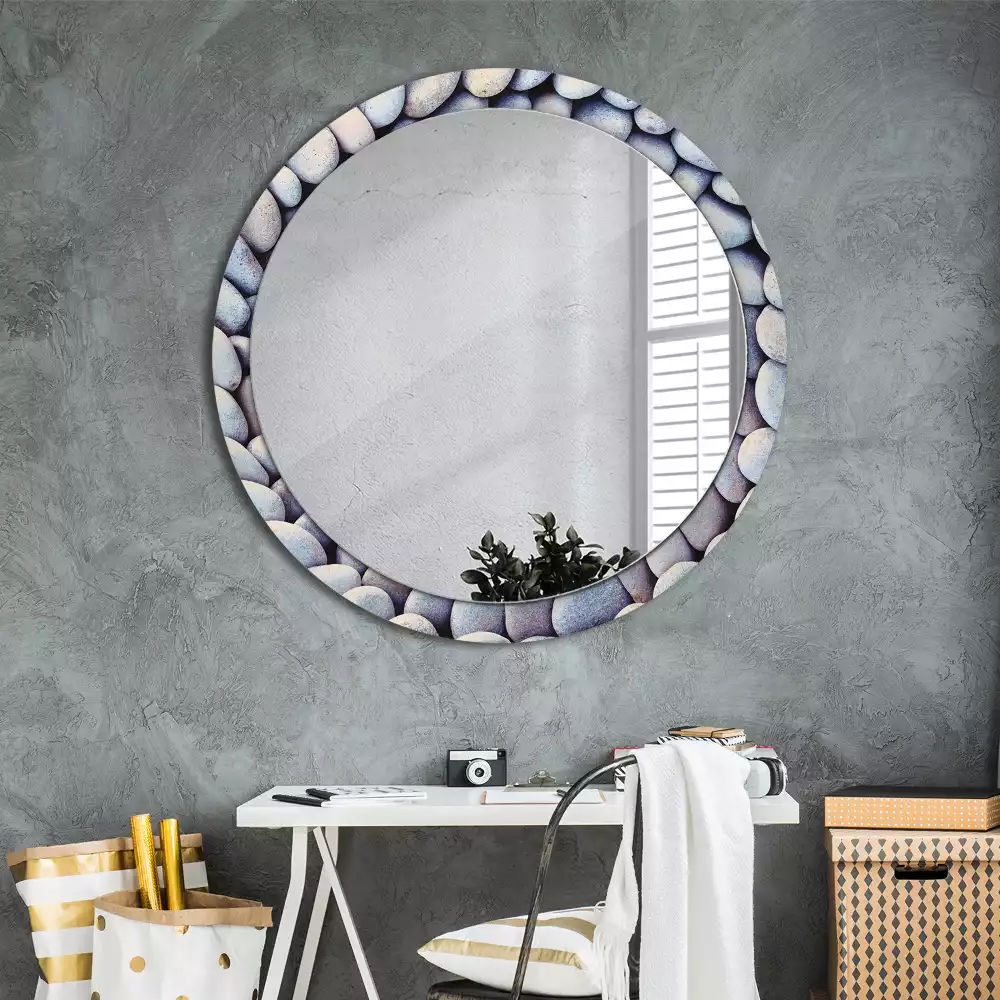 Miroir rond cadre avec impression Galets marins en cercle