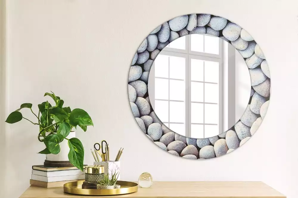 Miroir rond cadre avec impression Galets marins en cercle