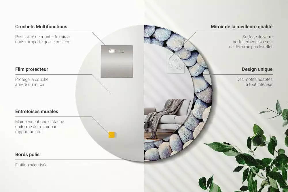 Miroir rond cadre avec impression Galets marins en cercle