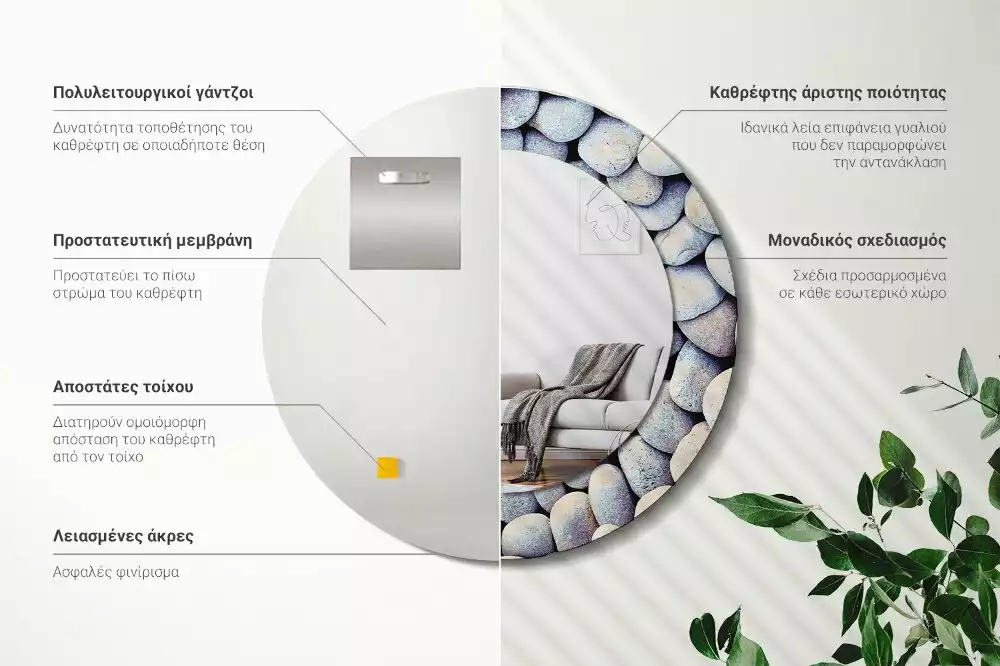 Miroir rond cadre avec impression Galets marins en cercle
