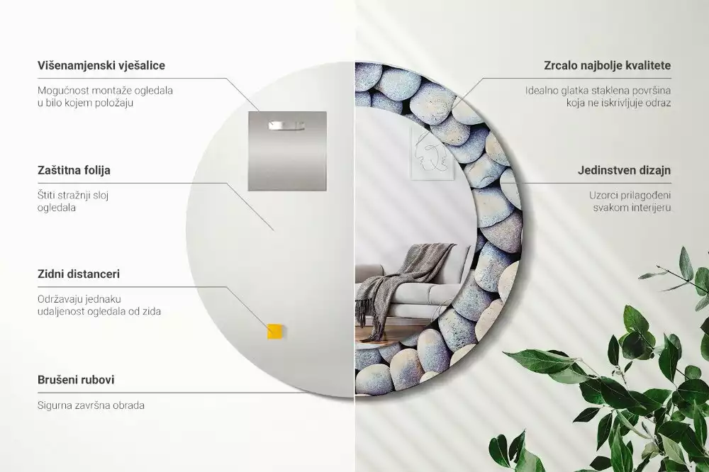 Miroir rond cadre avec impression Galets marins en cercle