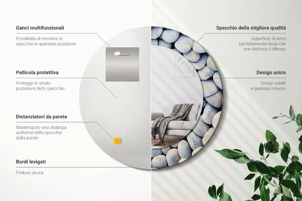 Miroir rond cadre avec impression Galets marins en cercle