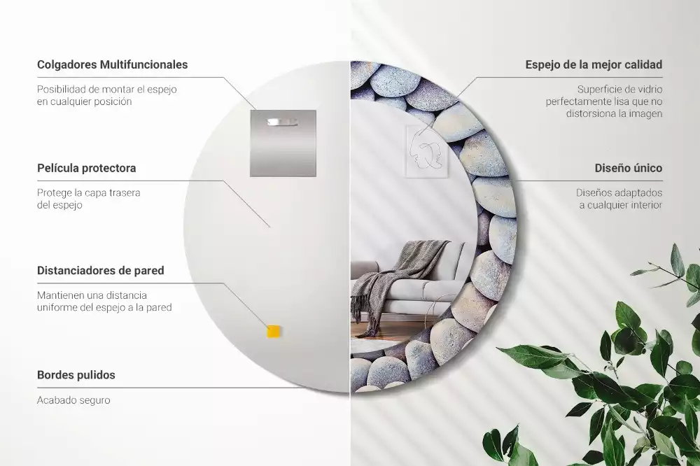 Miroir rond cadre avec impression Galets marins en cercle