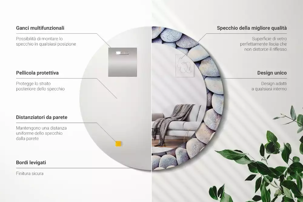 Miroir rond cadre avec impression Galets marins en cercle