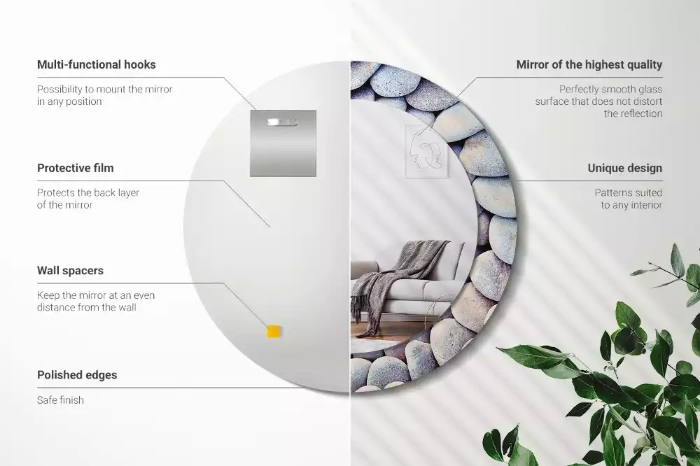 Miroir rond cadre avec impression Galets marins en cercle