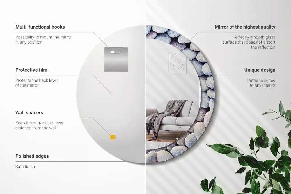 Miroir rond cadre avec impression Galets marins en cercle