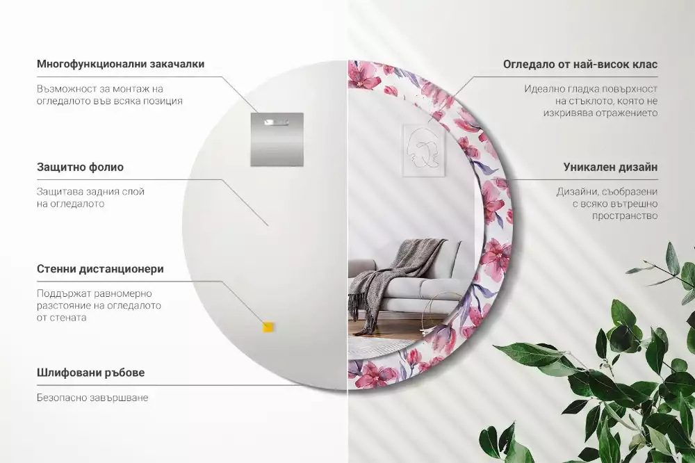 Miroir rond avec décoration Fleurs aquarelles