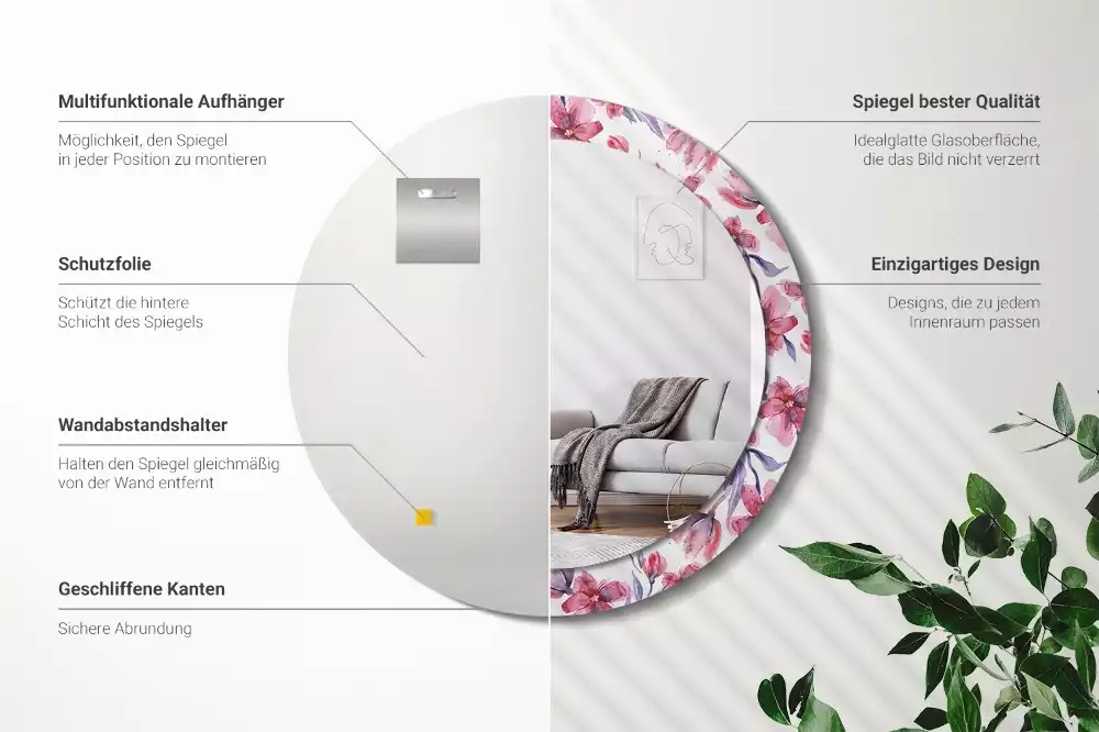 Miroir rond avec décoration Fleurs aquarelles