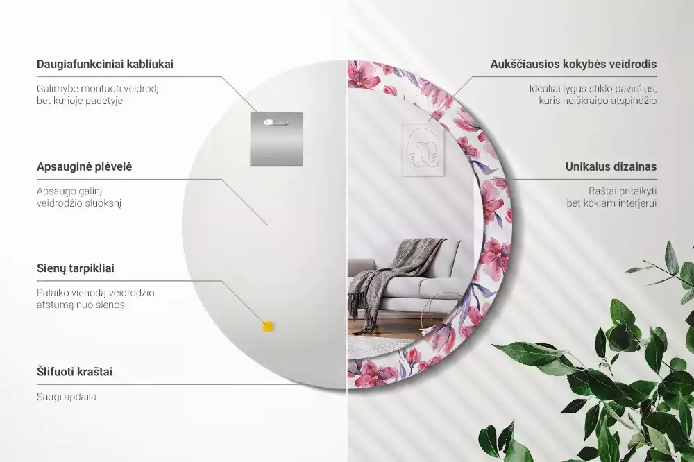 Miroir rond avec décoration Fleurs aquarelles