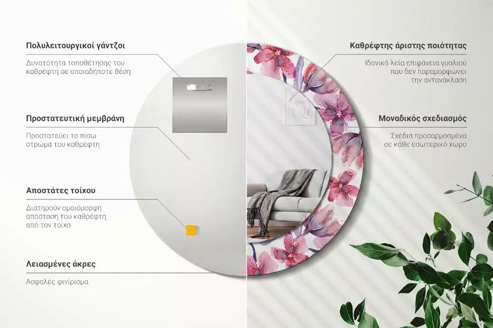 Miroir rond avec décoration Fleurs aquarelles