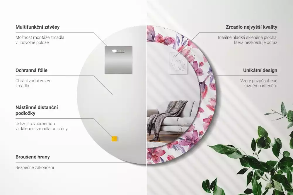 Miroir rond avec décoration Fleurs aquarelles