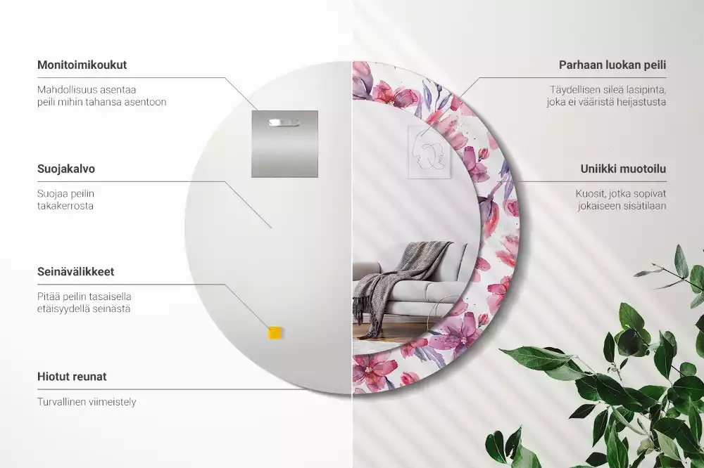 Miroir rond avec décoration Fleurs aquarelles