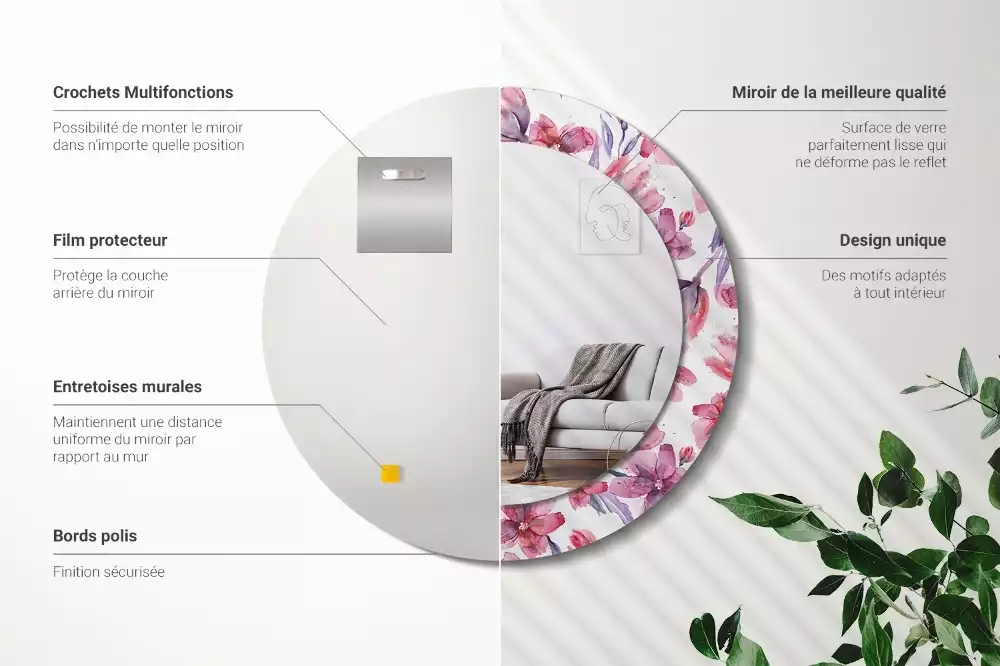 Miroir rond avec décoration Fleurs aquarelles