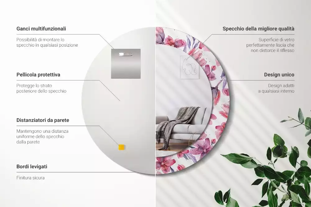 Miroir rond avec décoration Fleurs aquarelles