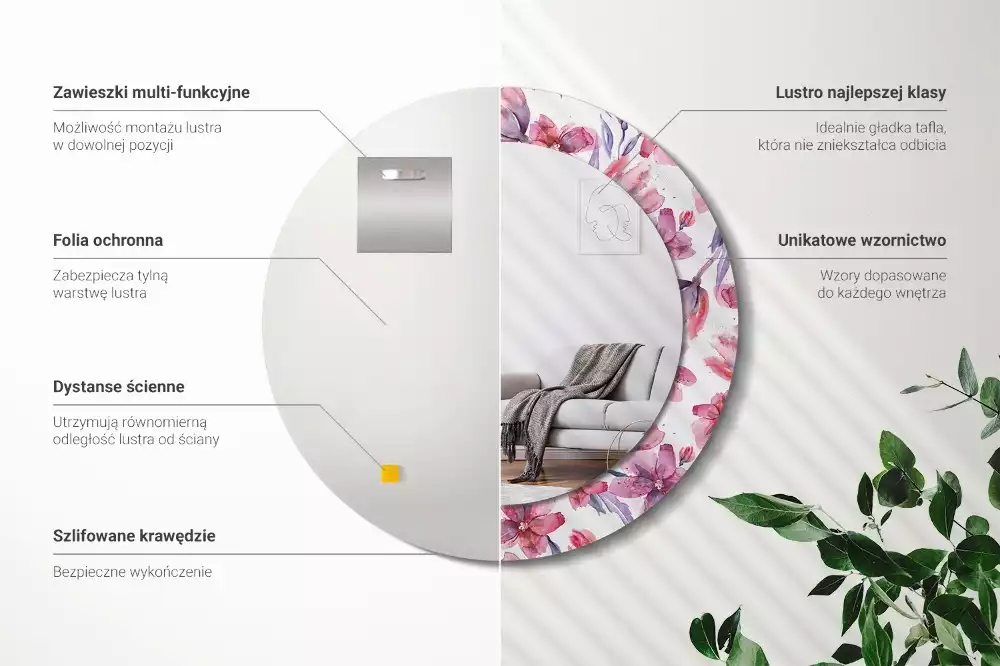 Miroir rond avec décoration Fleurs aquarelles