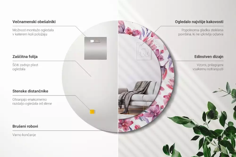 Miroir rond avec décoration Fleurs aquarelles