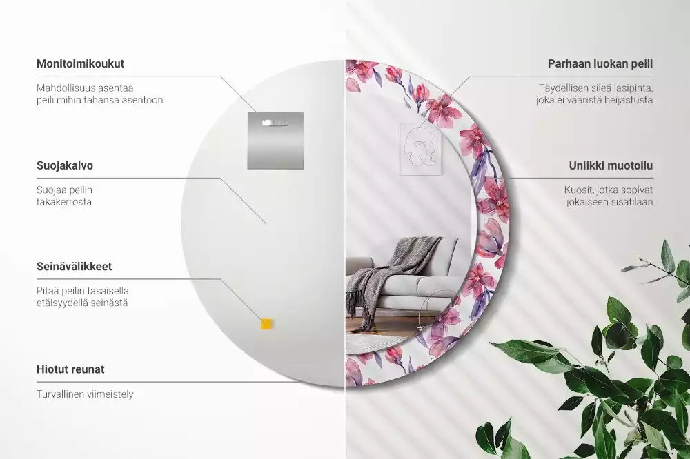 Miroir rond avec décoration Fleurs aquarelles