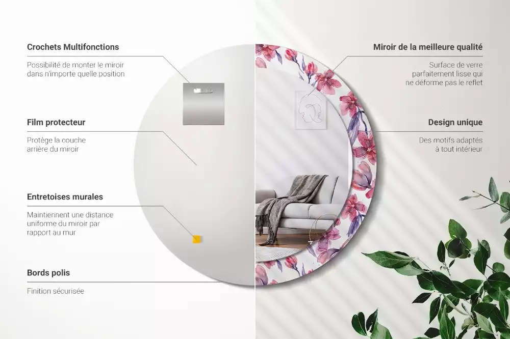 Miroir rond avec décoration Fleurs aquarelles