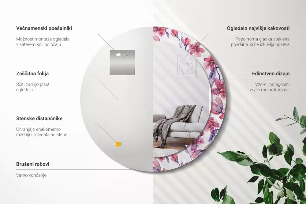 Miroir rond avec décoration Fleurs aquarelles