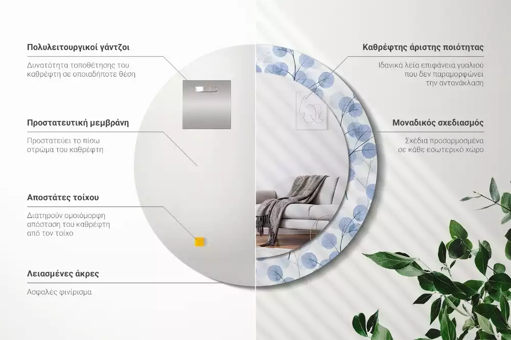 Miroir rond avec décoration Branches feuillues