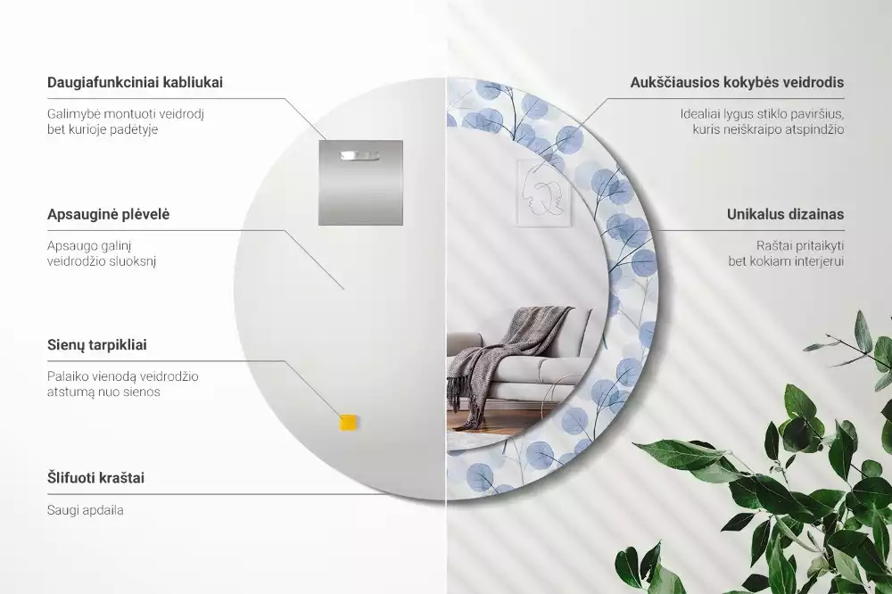 Miroir rond avec décoration Branches feuillues