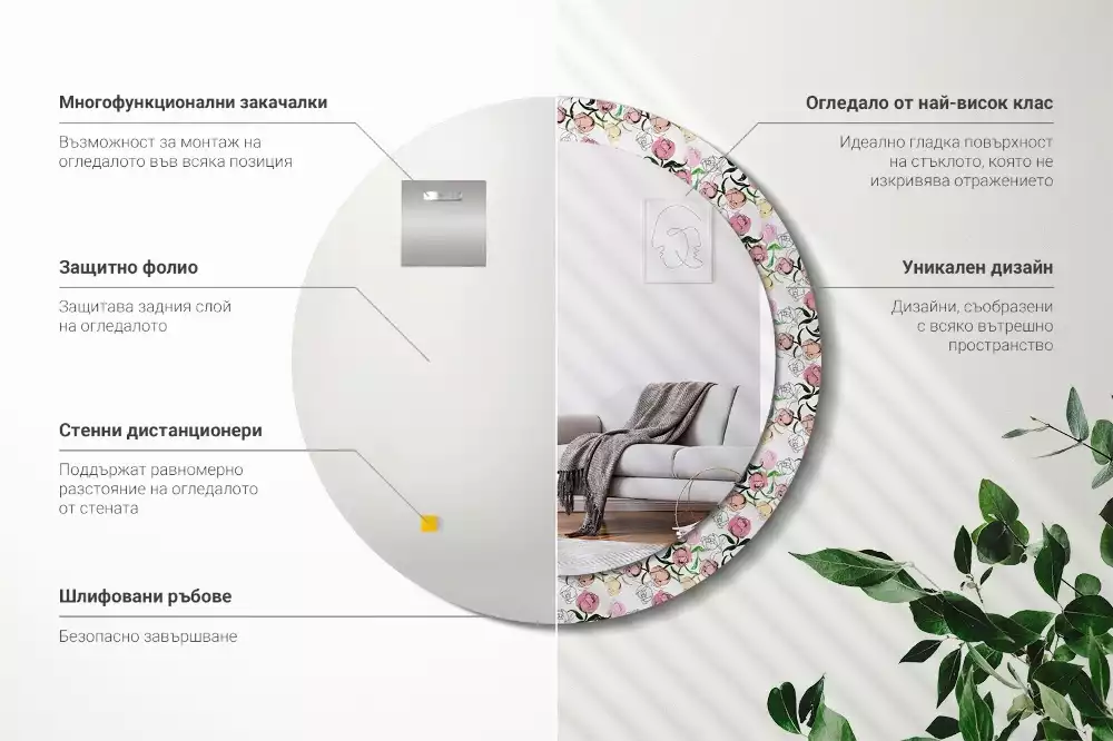 Miroir rond imprimé Bourgeons de pivoines