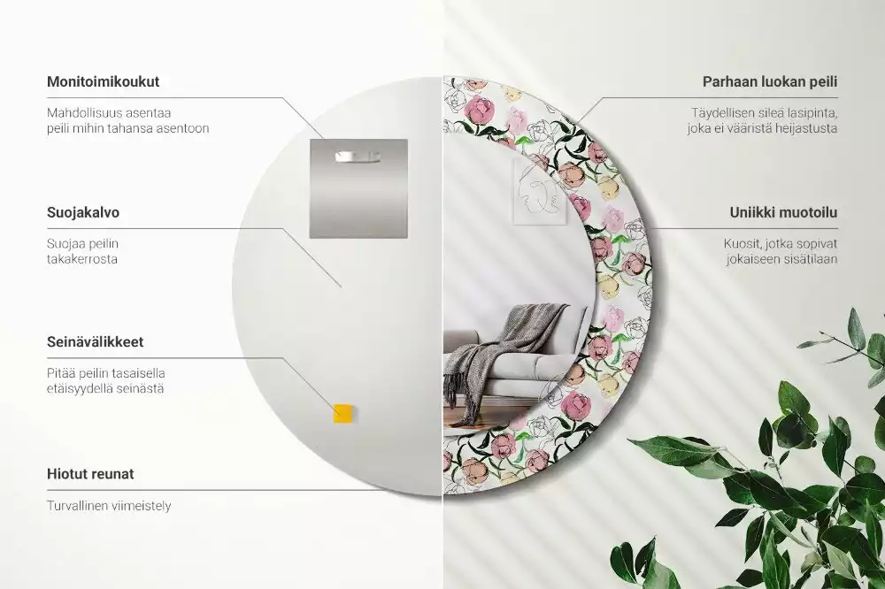 Miroir rond imprimé Bourgeons de pivoines