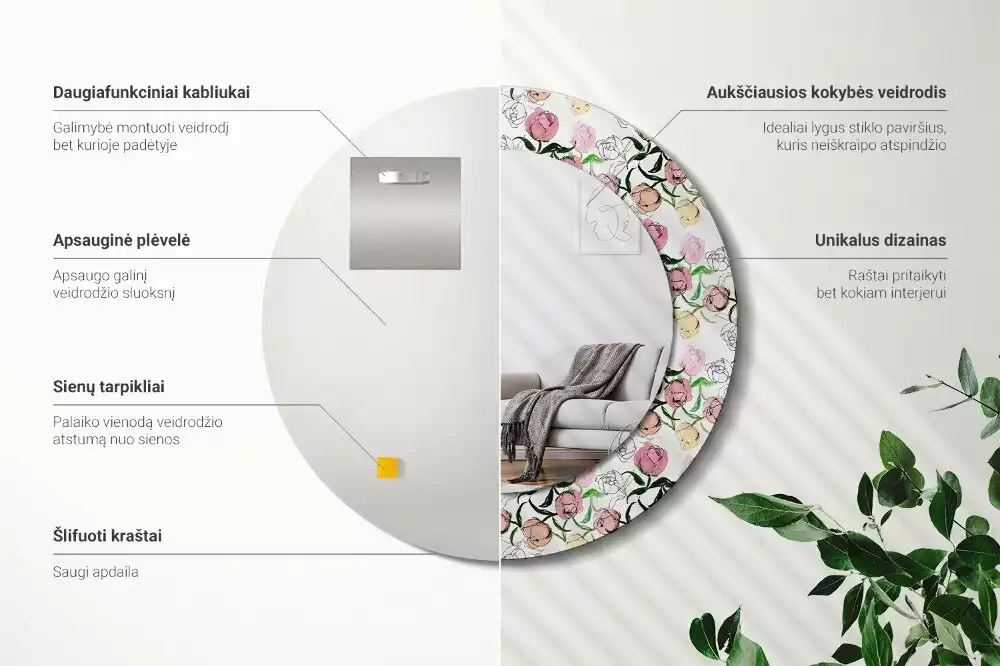 Miroir rond imprimé Bourgeons de pivoines