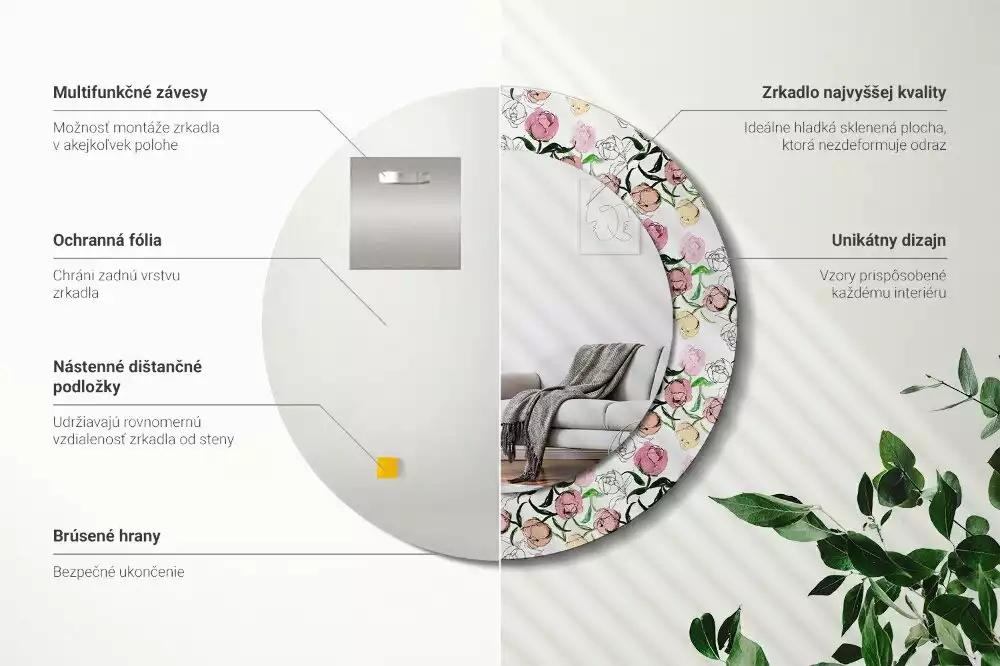 Miroir rond imprimé Bourgeons de pivoines