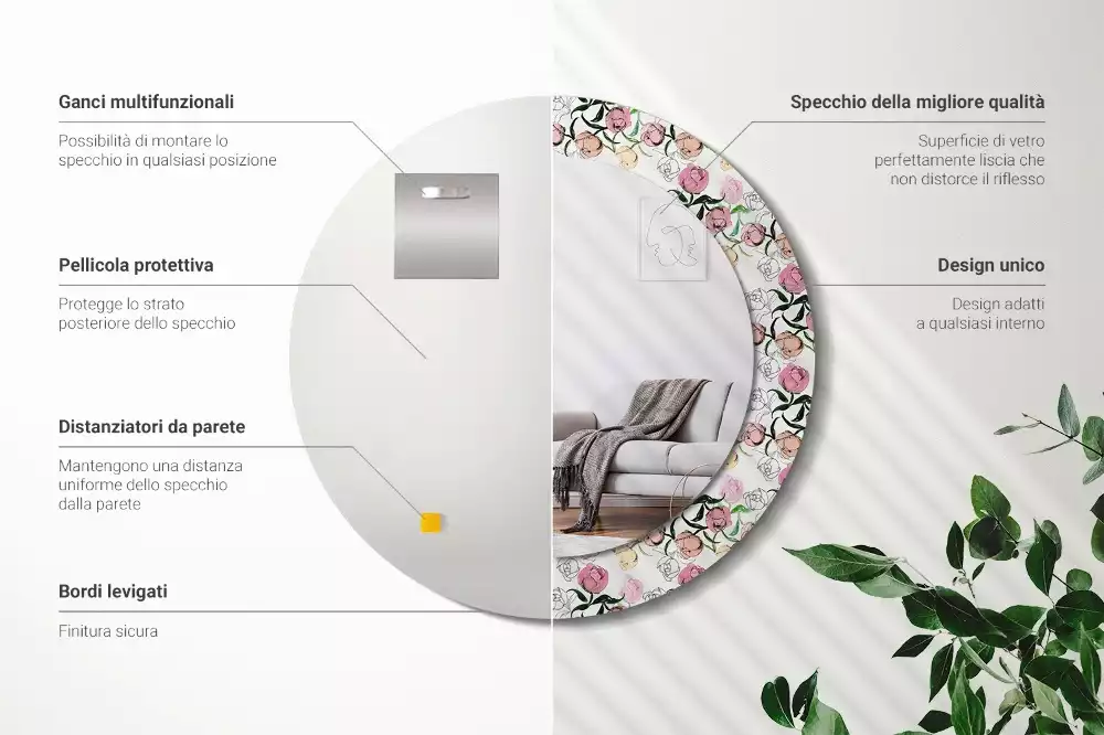 Miroir rond imprimé Bourgeons de pivoines