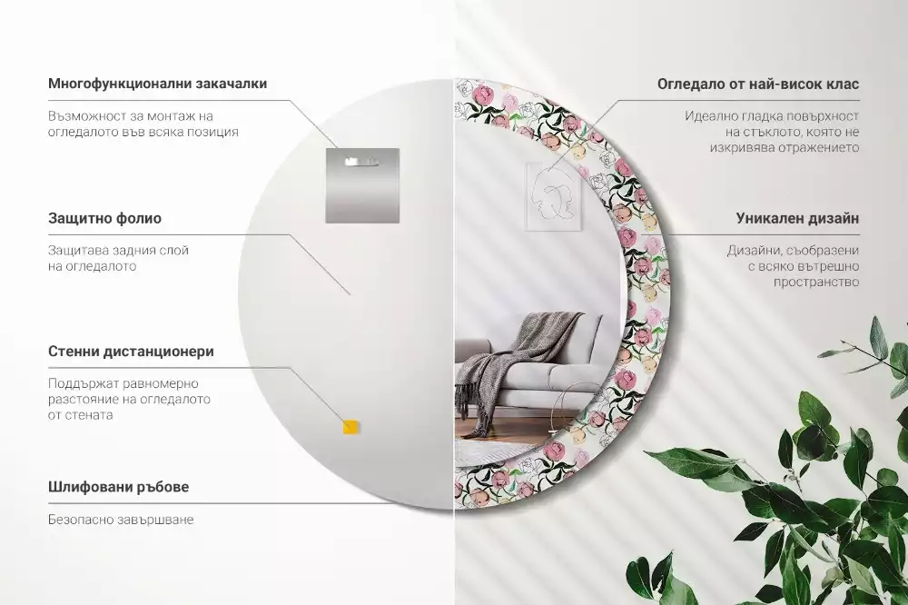 Miroir rond imprimé Bourgeons de pivoines