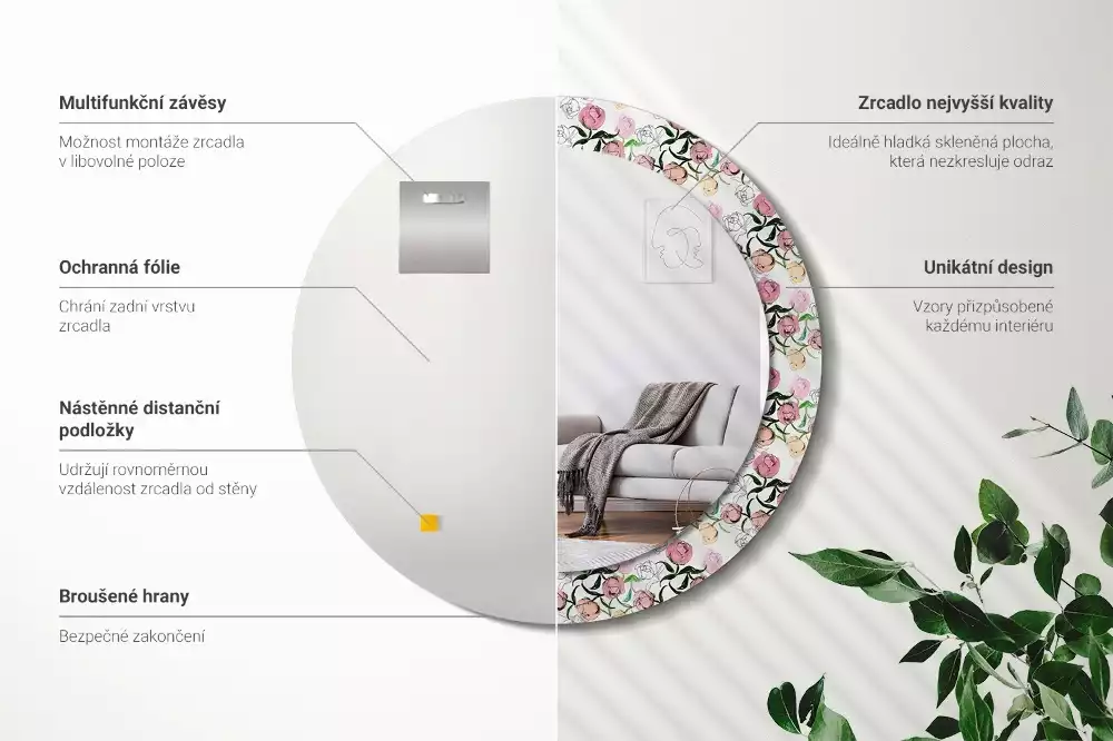 Miroir rond imprimé Bourgeons de pivoines