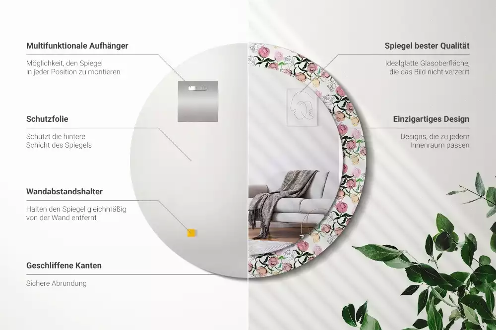 Miroir rond imprimé Bourgeons de pivoines