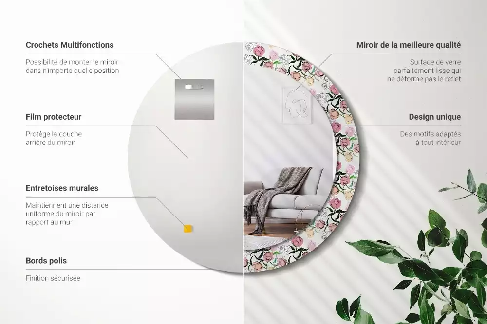 Miroir rond imprimé Bourgeons de pivoines