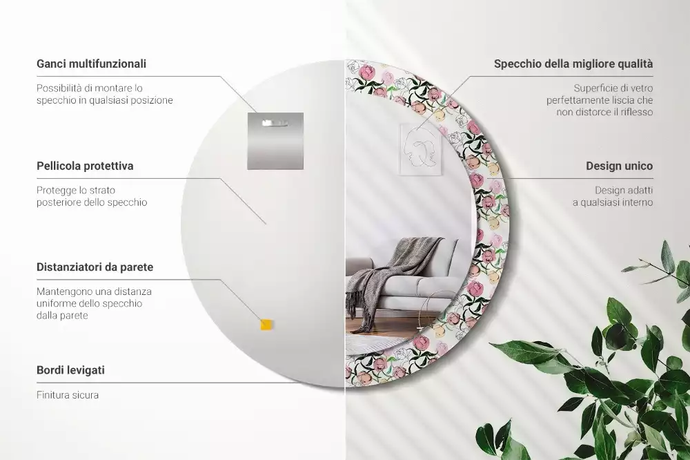 Miroir rond imprimé Bourgeons de pivoines